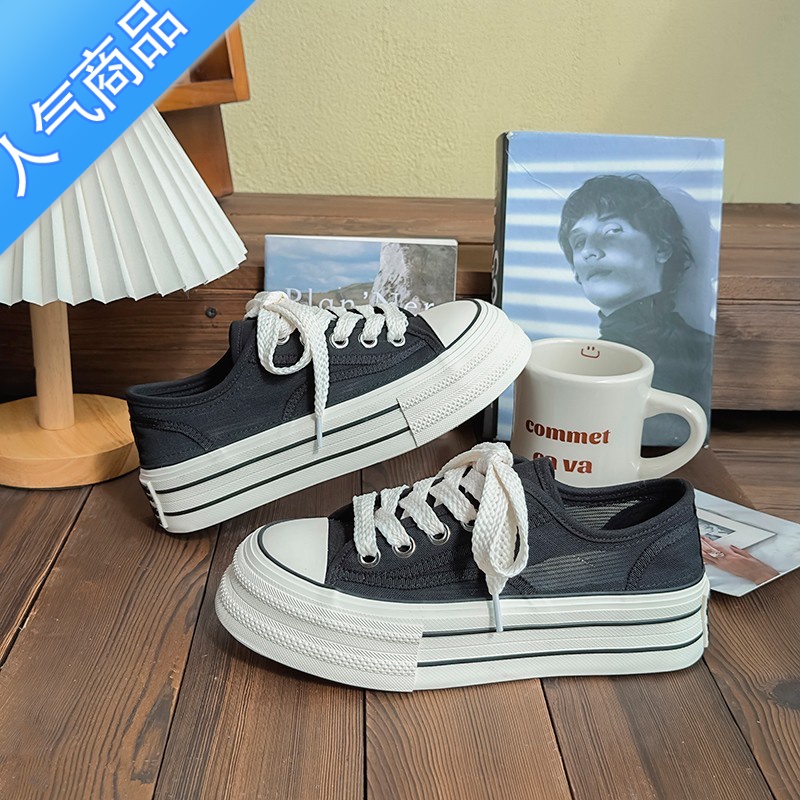 SUNTEK帆布鞋女2023新款夏季薄款透气网面鞋小众厚底增高休闲小白鞋高清大图