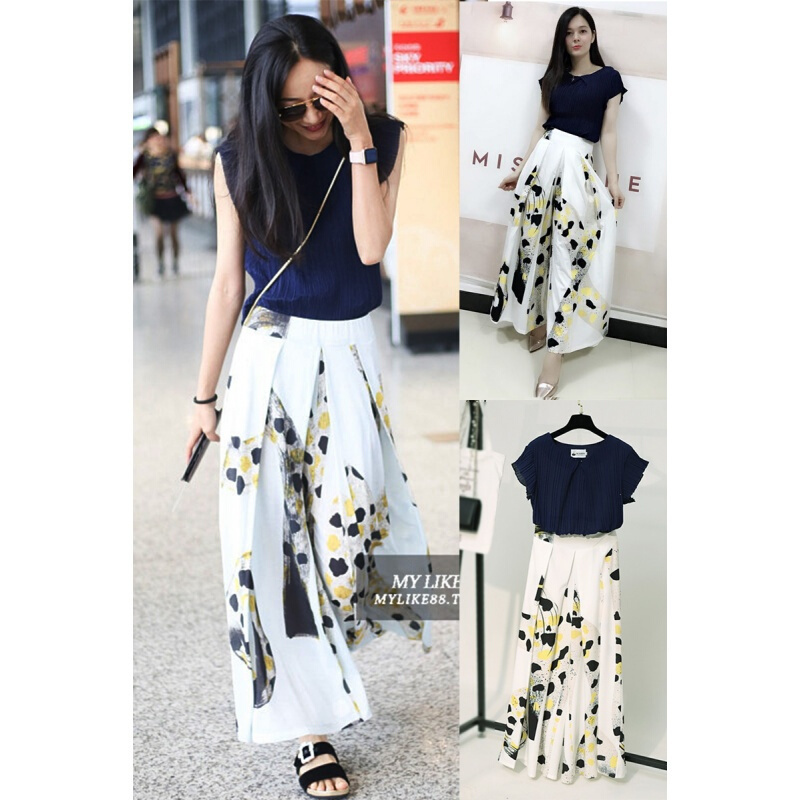 韩雪同款2018新款夏装衣服时尚垂感阔腿裤裙套装碎花雪纺女