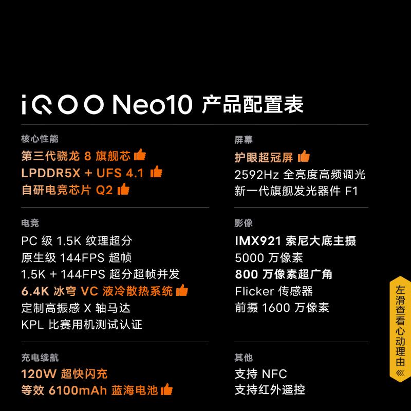[全新]vivo iQOO Neo10 疾影黑 12GB+512GB 第三代骁龙8 自研电竞芯Q2 120W闪充 6100毫安大电池 AI游戏学生手机图片