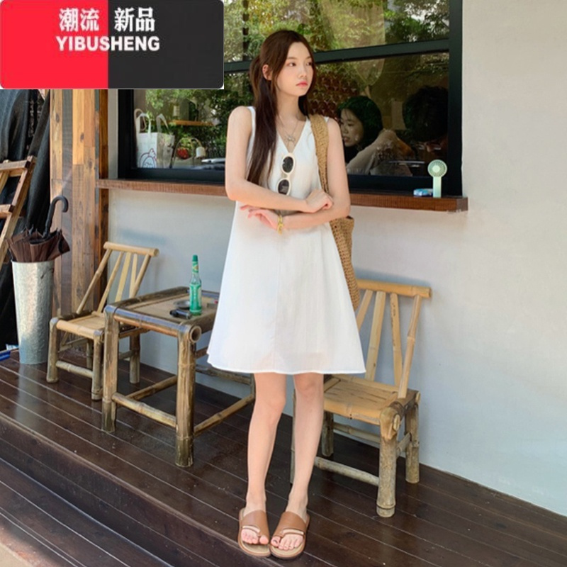 YIBUSHENG无袖v领白色连衣裙子女季2024年新款海边度假大方得体背心长裙