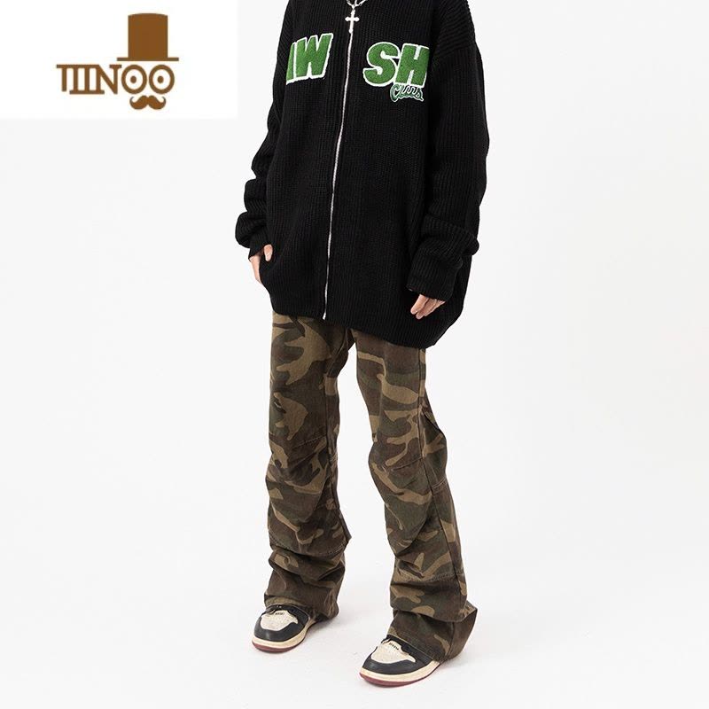YANXU美式高街vibe做旧迷彩休闲牛仔裤男ins潮牌宽松直筒微喇工装长裤图片