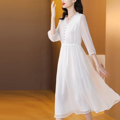 真丝桑蚕丝连衣裙女装夏季2024新款小个子年轻妈妈长裙子 7135白色 XL