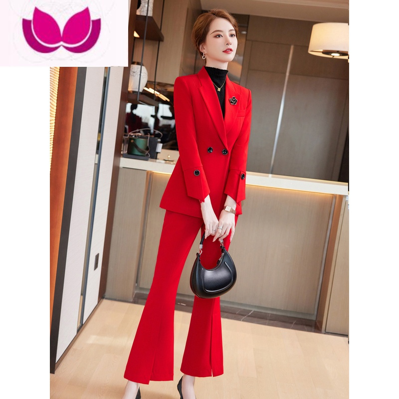 七斓黄色西装套装女时尚高级感气质女范职业正装西服喇叭裤套春