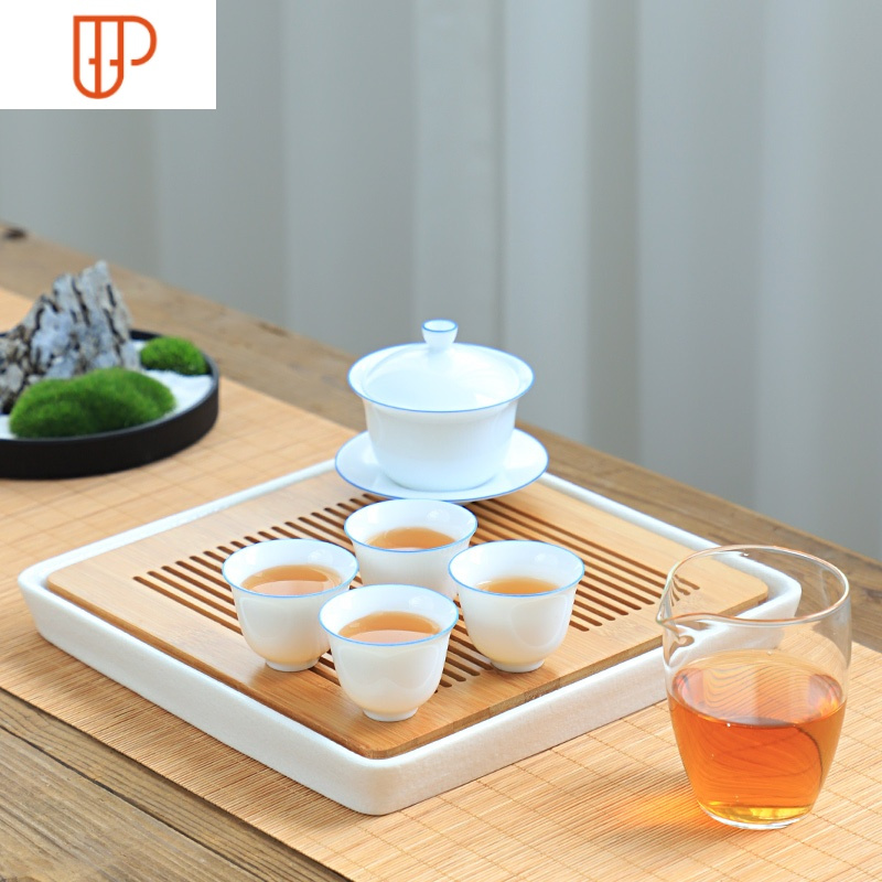 白瓷小旅行茶具家用办公室盘小型简易储水茶台一人竹制干泡盘茶具国泰