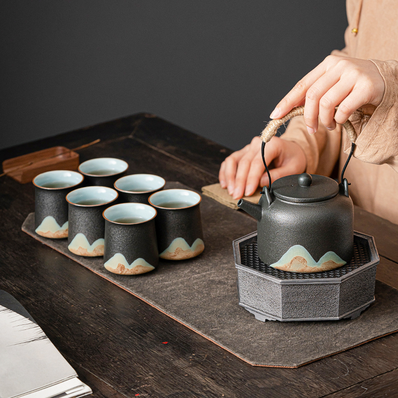 苏氏陶瓷(SUSHI CERAMICS)手绘山水画功夫茶具提梁壶茶具套装1壶6杯礼盒装