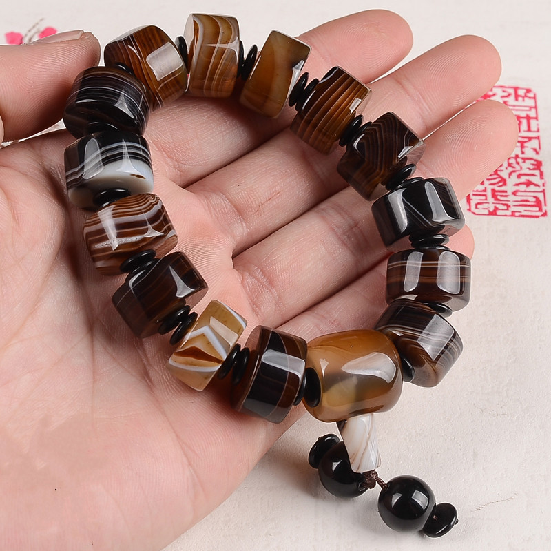 缠丝玛瑙手链黑玛瑙男士手链三通手串饰品送女朋友七夕情人节礼物