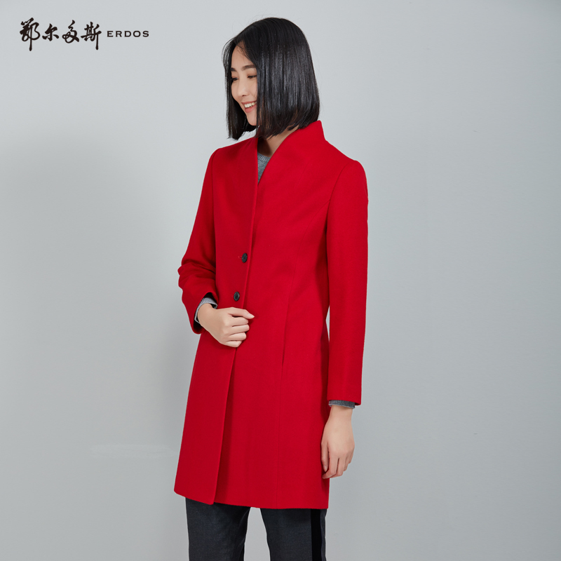 鄂尔多斯ERDOS 秋冬羊绒羊毛翻领单排扣中长款大衣毛呢外套女