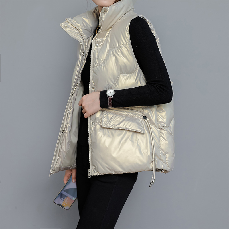 秋冬亮面马甲背心女中短款韩版宽松坎肩时尚ins立领免洗马夹外套