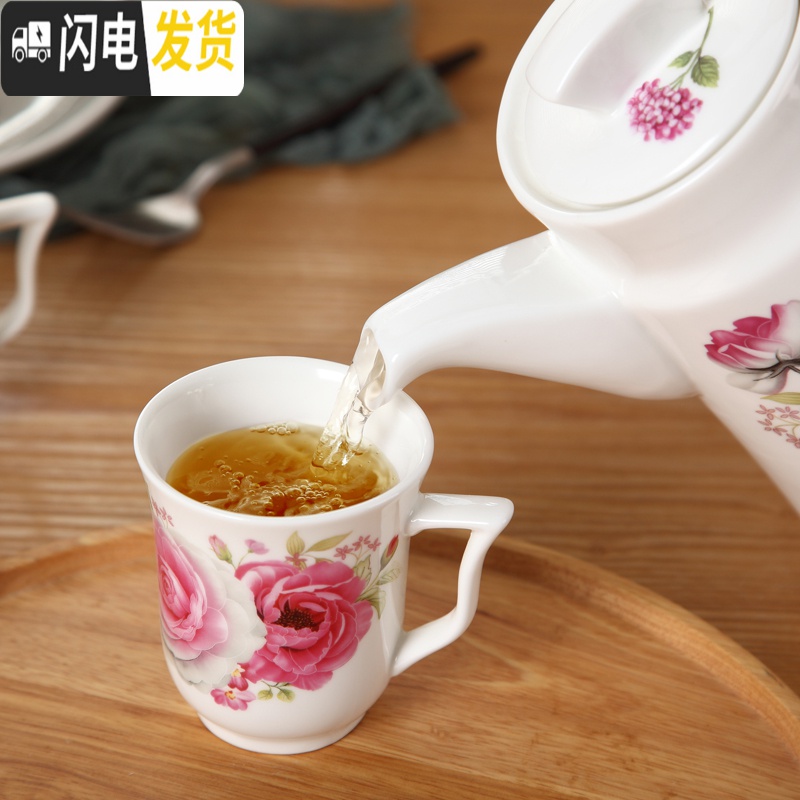 三维工匠创意欧式结婚送礼家用客厅陶瓷冷水壶套装水具凉水杯耐热高温杯具 流金岁月一壶6把杯一托盘配杯架高清大图