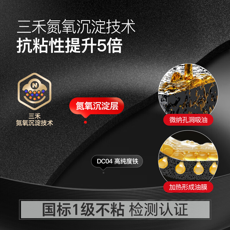 三禾(SANHO)无涂层铁锅炒锅窒氮防锈不粘熟铁锅厨房好物32cm 黑色圆底TC32T7高清大图