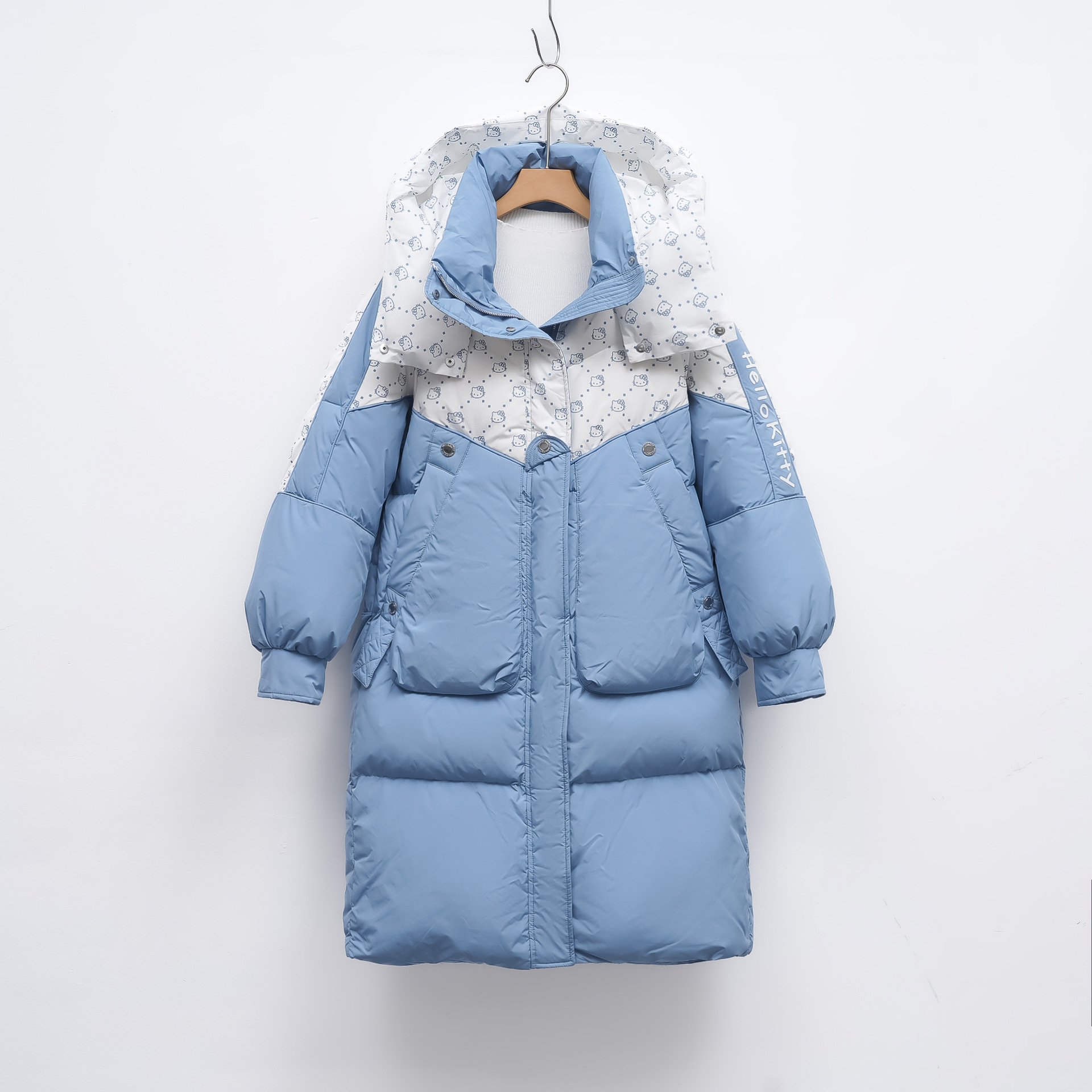 羽绒服新国标90绒女冬新款长款面包服保暖连帽撞色外套 浅蓝色 M