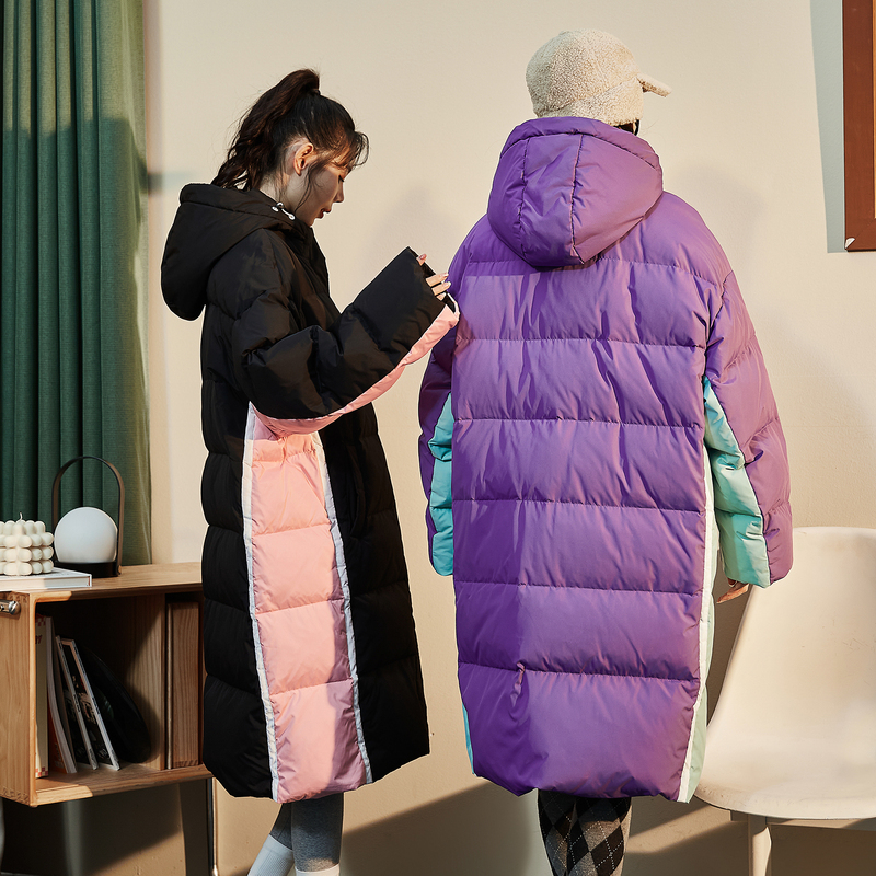 [2.5折价278元]唐狮羽绒服女冬季新款连帽撞色拼接设计感长款黑色羽绒服潮