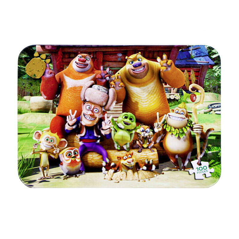 玩具拼图铁盒装儿童木质200片幼儿园活动 100片熊出没之拍照