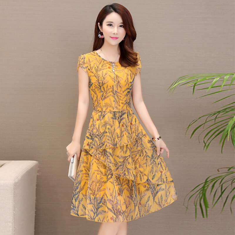 妈妈夏装雪纺连衣裙夏季中老年妇女装40-50岁45短袖女人夏天裙子