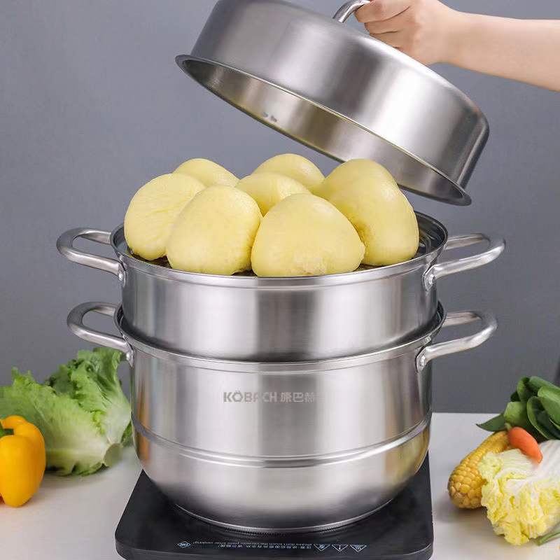 康巴赫不锈钢三层蒸锅3层蒸笼电磁炉燃气通用家用锅具蒸馒头28cm 三层多功能蒸锅28CM+高清大图