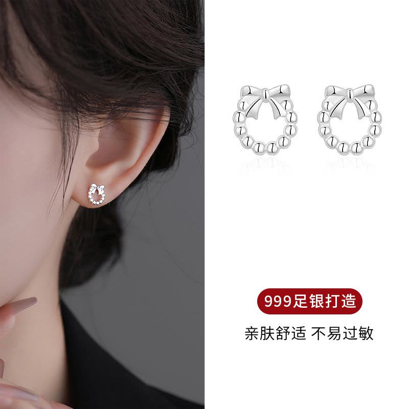 999纯银可爱蝴蝶结耳钉女2025新款养耳洞耳环小巧精致秋冬银耳饰送女朋友老婆情人节七夕生日礼物图片
