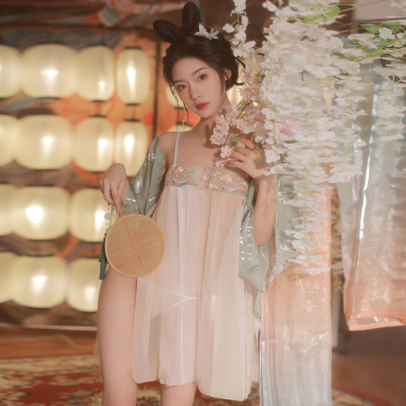 霏慕古典汉服情趣内衣角色扮演制服套装女式情趣睡衣网纱透视吊带连衣裙子开档露乳免脱丁字裤激情火辣诱惑血滴子夜店装成人用品 绿色【分片襦裙+宽袖披衫+T裤】 均码
