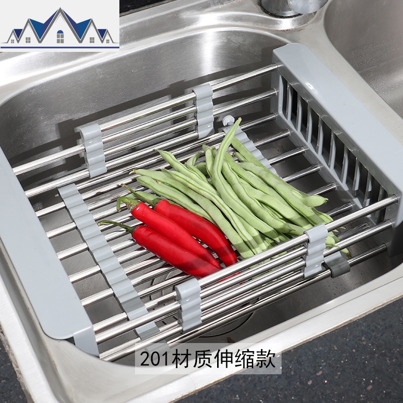 水糟沥水架厨房收纳置物架 304不锈钢碗架伸缩洗菜盆放碗筷沥水蓝 三维工匠高清大图
