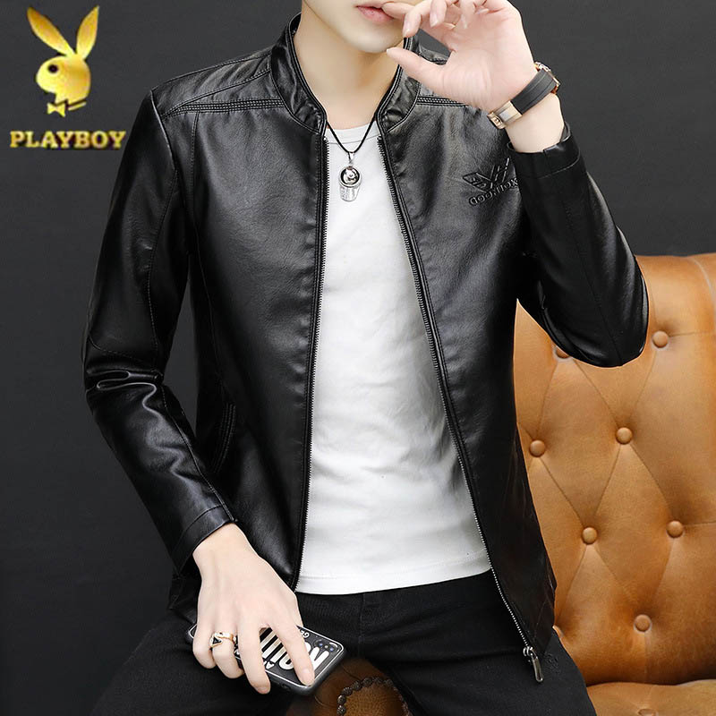 花花公子男装新款皮衣外套春秋季修身韩版时尚立领男士皮夹克外穿机车服潮男高清大图