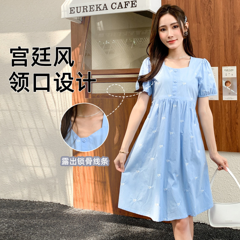 [哺乳外出]新品孕妇裙子夏季时尚方领连衣裙刺绣款泡泡袖孕妇装