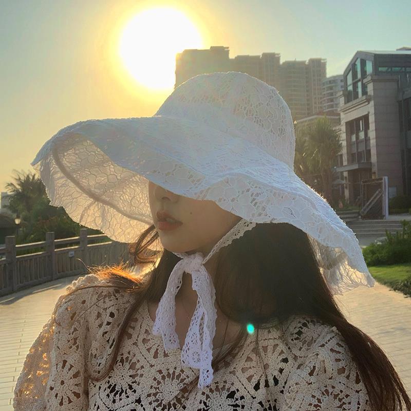 夏季度假蕾丝镂空大沿太阳帽女渔夫帽优雅大帽边系带遮阳帽防晒