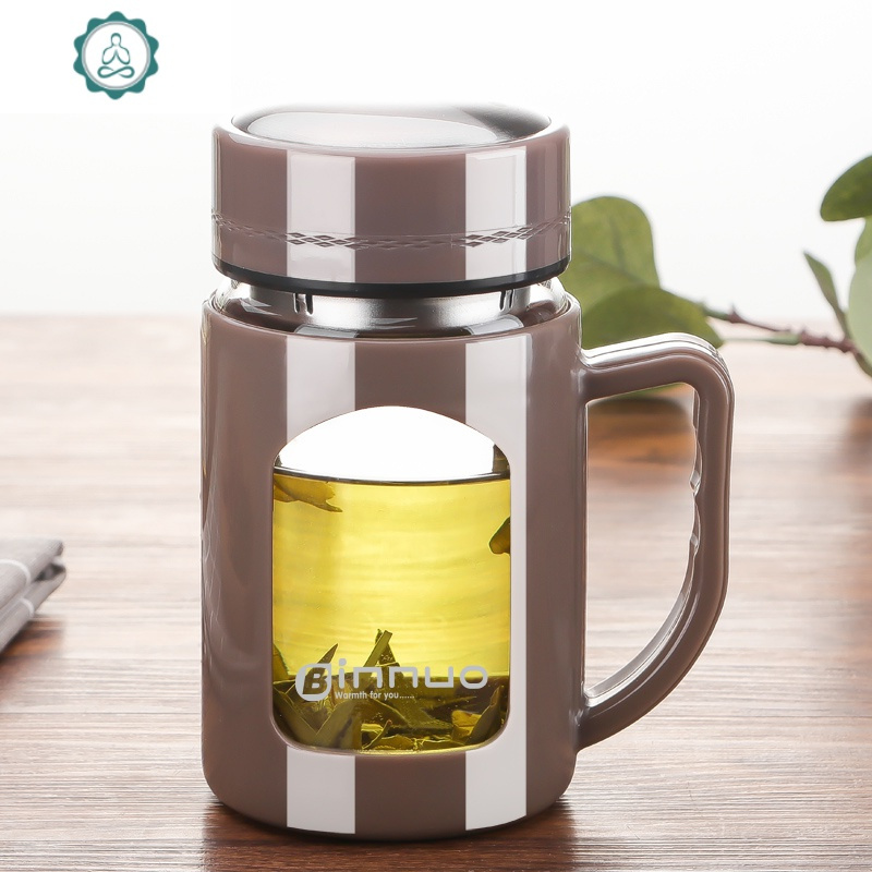 家用水杯带盖办公室杯子大容量花茶杯封后亮面咖450ml杯刷普通茶隔