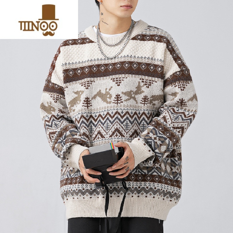 YANXU新款潮牌费尔岛复古男宽松休闲毛衣潮流套头提花针织衫线衣高清大图