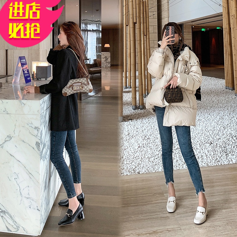 金三志大叔家方头高跟鞋粗跟单鞋女2020新款金属马衔扣乐福鞋小皮鞋通勤休闲鞋