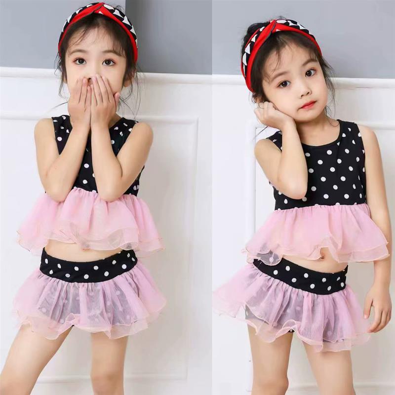 新款儿童泳衣女童学生小女孩分体两件套平角网纱可爱公主温泉泳装