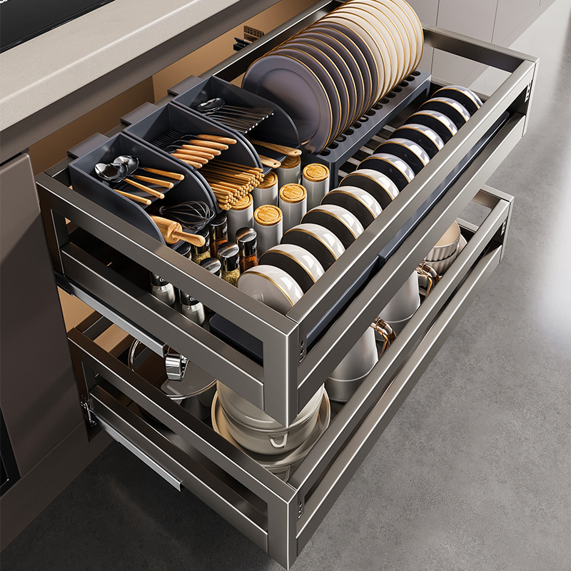 拉篮厨房橱柜轻奢不锈钢双层抽屉式碗架收纳调味内置橱柜碗篮