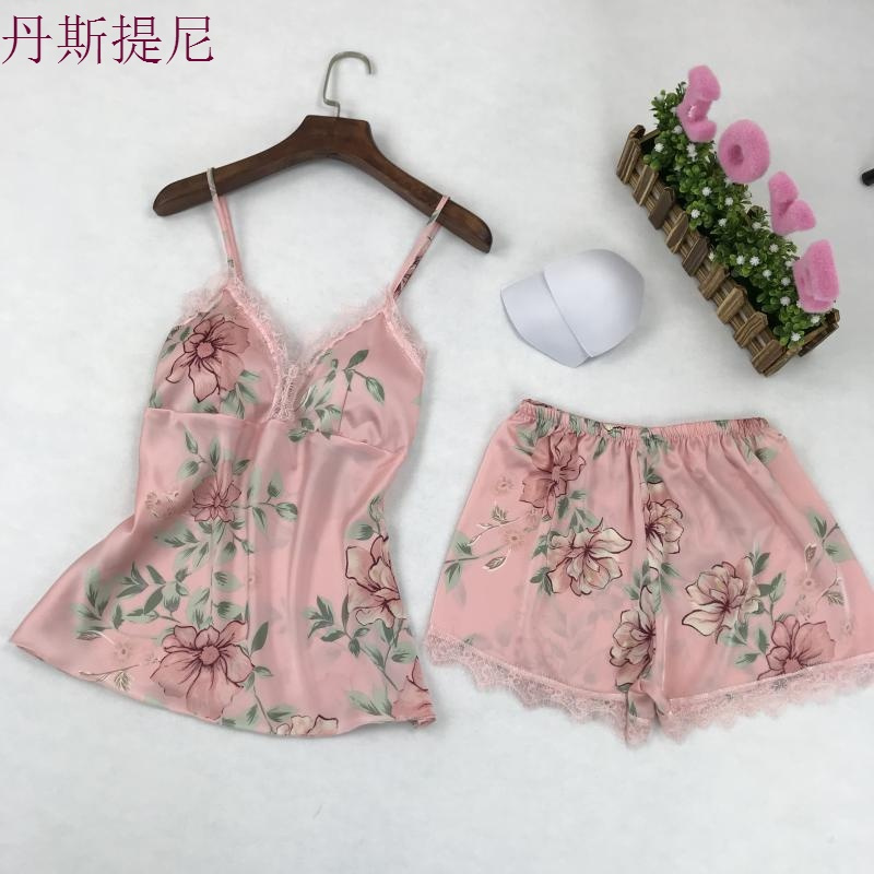韩版新款春秋女神睡衣女冰丝绸印花两件套露背带短裤家居服夏季