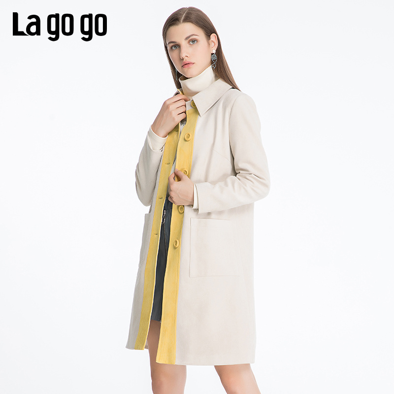 lagogo方领气质单排扣风衣女文艺淑女纯色中长款外套
