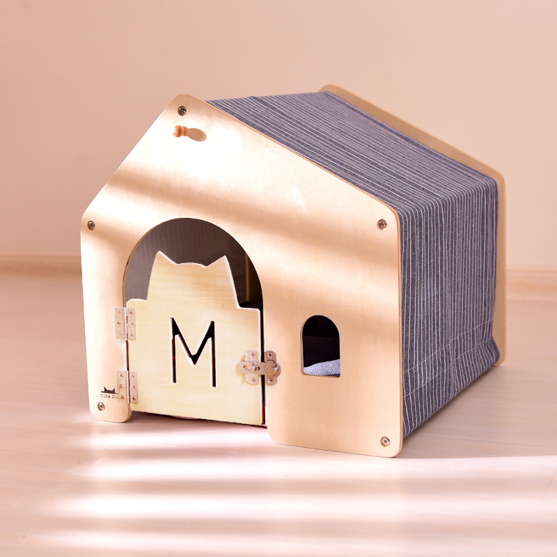 网红狗窝宠物小型犬泰迪室内狗狗房子四季通用冬天保暖狗屋狗别墅 灰蓝细白线+门栏(含灰色厚垫) 小号(适合1~14斤宠物)