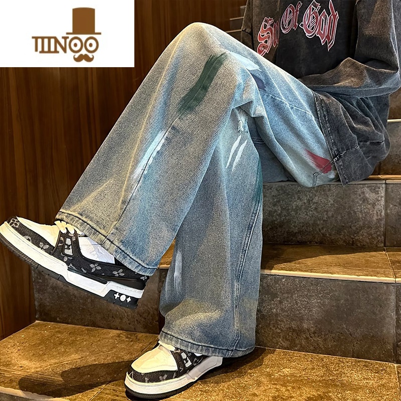 YANXU牛仔裤男秋季美式高街痞帅水洗做旧阔腿裤子潮牌宽松直筒休闲长高高清大图