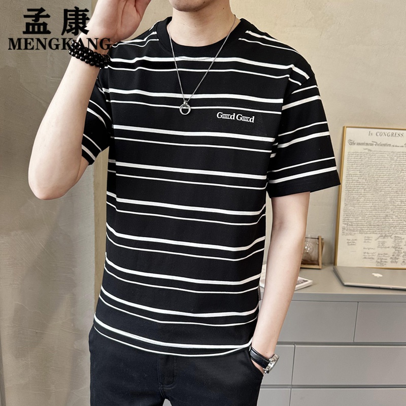 孟康mengkang夏季新款潮流圆领条纹短袖t恤男士棉质韩版微阔打底衫
