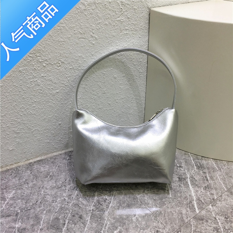 封后小脏柜 法式小众感亮面复古气质女单肩腋下包银色手提法棍包女包