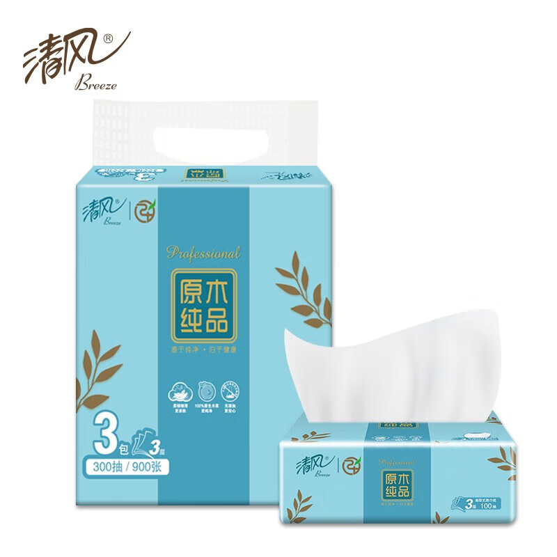 清风 原木纯品抽取式面巾纸 3层100抽24包 AP30SLP(整箱)高清大图