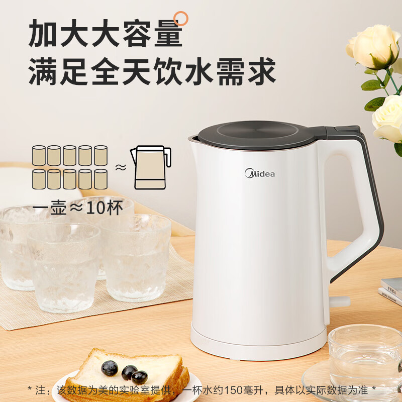 美的(Midea)电热水壶 SH15Colour102 家用1.5L容量双层防烫 304不锈钢无缝内胆烧水壶自动断电