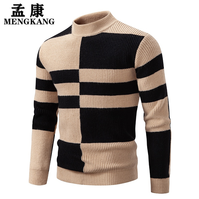 孟康mengkang秋冬季针织衫男半高领厚款线衣青少年麻花编织毛衣中领