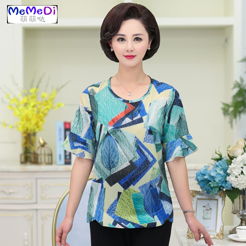 洋气妈妈夏装雪纺短袖上服2020新款中老年女装夏季宽松大码t恤
