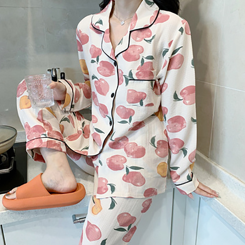 睡衣女春秋季长袖棉纱布2022年新款网红风薄款家居服两件套莎丞