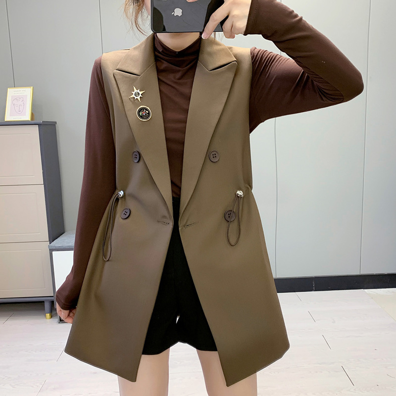 西装马甲女2021春秋韩版英伦风外搭无袖背心坎肩抽绳收腰马夹外套