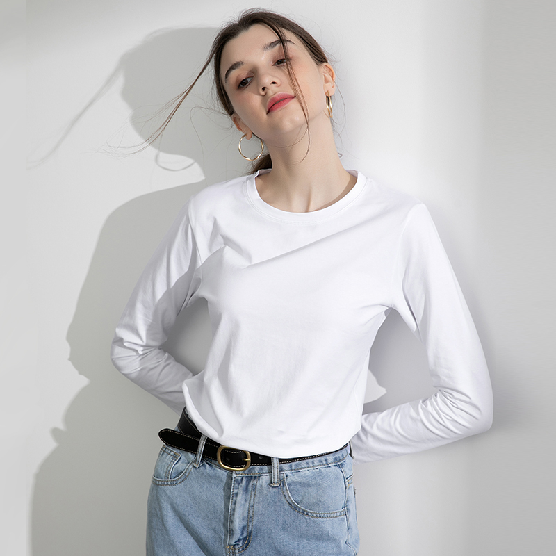 暖青汇白色t恤女长袖春秋新款棉白圆领内搭不透v领白t上衣打底衫女t恤