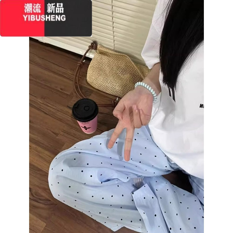 YIBUSHENG韩系松弛感蓝色波点休闲裤女季新薄款小个子宽松直筒遛弯阔腿裤