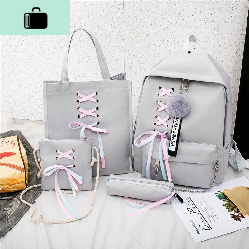 书包女学生韩版初中网红学院风高中古着感双肩包少女心小学生背包NEW LAKE 灰色大款链子4个包+大毛球