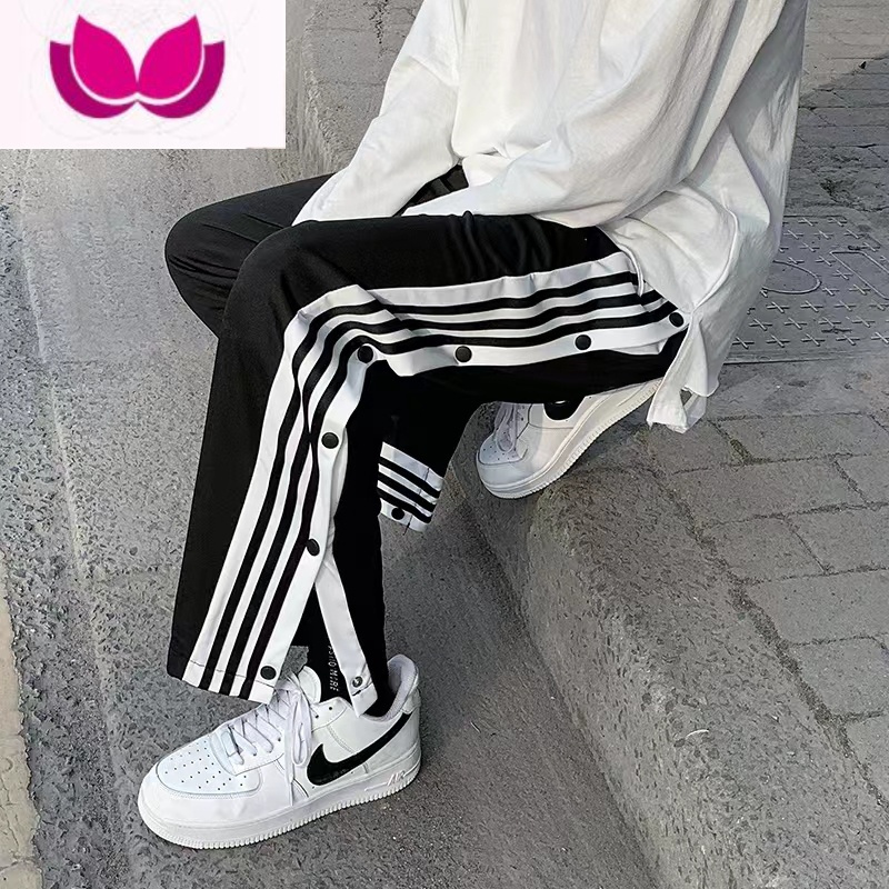 七斓排扣裤男高街ins潮流夏季薄款全开扣阔腿运动裤宽松直筒纽扣裤子