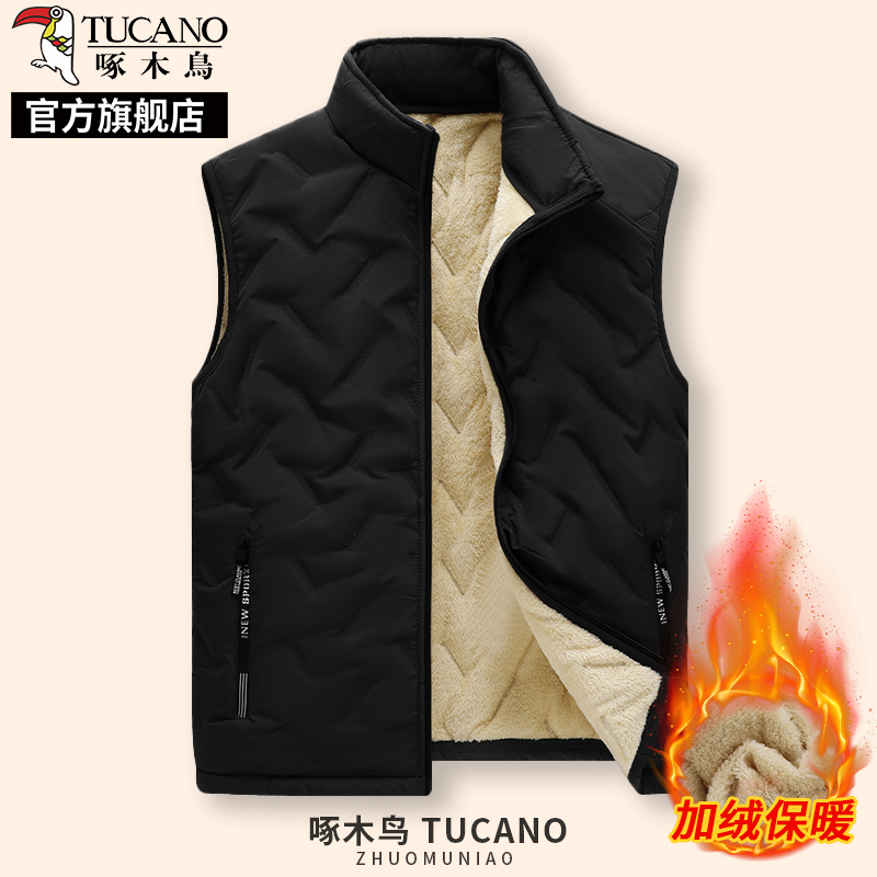 啄木鸟羊羔绒马甲男士冬季外套加绒加厚中年爸爸马夹保暖背心绒高清大图