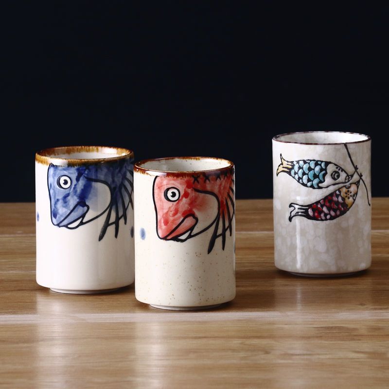 日式釉下彩陶瓷茶杯直身水杯家用茶具陶瓷杯复古小杯子手绘茶杯红颜