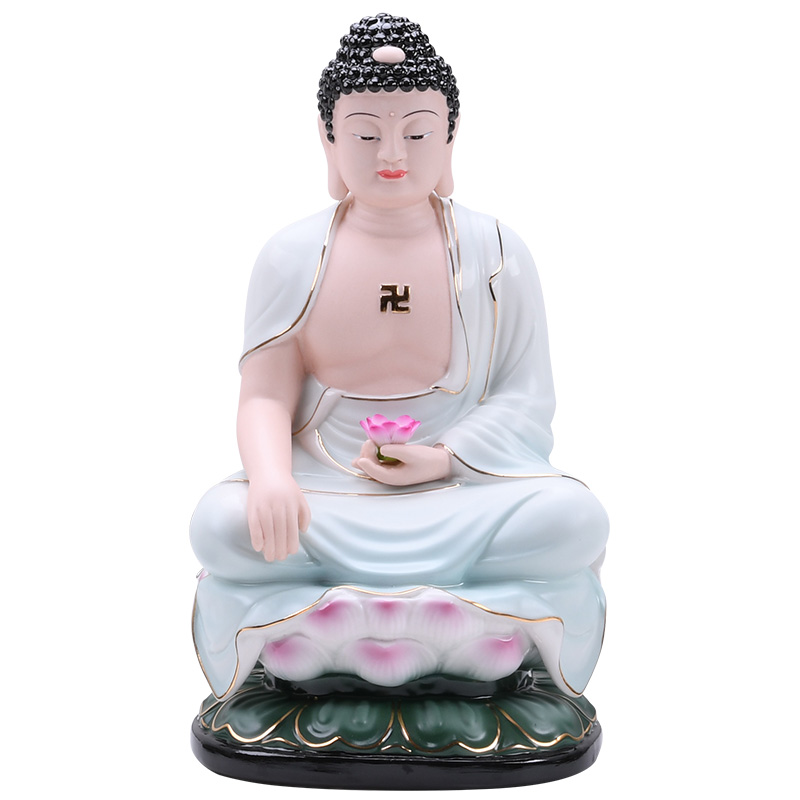 陶瓷坐莲观音佛像娑婆三圣摆件 家用供奉地藏王阿弥陀佛如来 三维工匠 墨绿观世音12寸高清大图