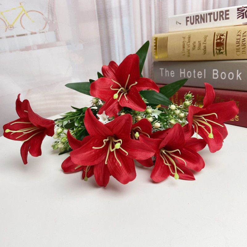仿真花百合花玫瑰假花塑料花室内家居客厅塑料花餐桌摆件花艺装饰 优雅百合粉色单束（不带花瓶）